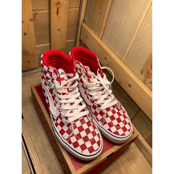 Us7 NEW Vans Filmore Hi Shoes Womens Canvas High Top Red White Checkerboard - Picture 3 of 7
